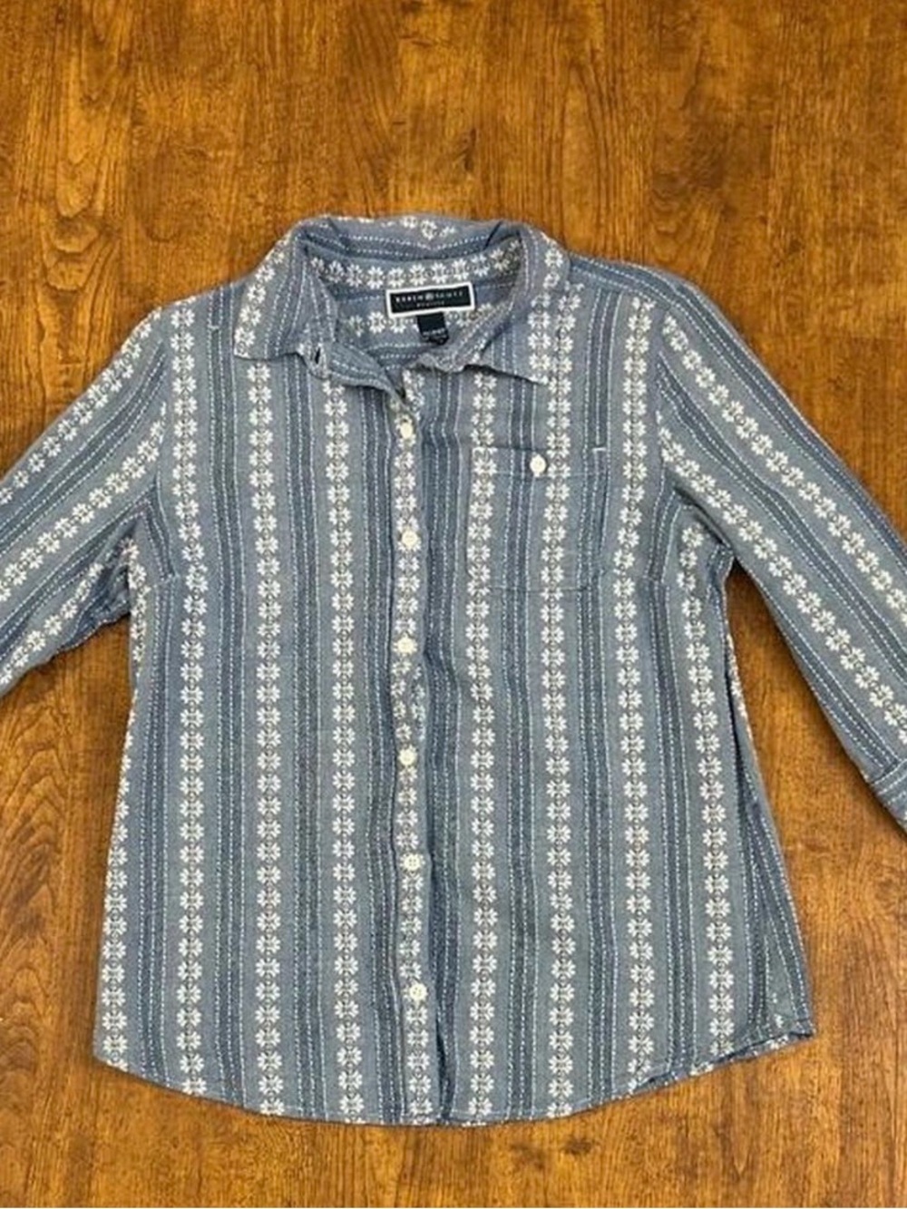 Karen Scott Blue and White Striped Floral Button-Down Shirt